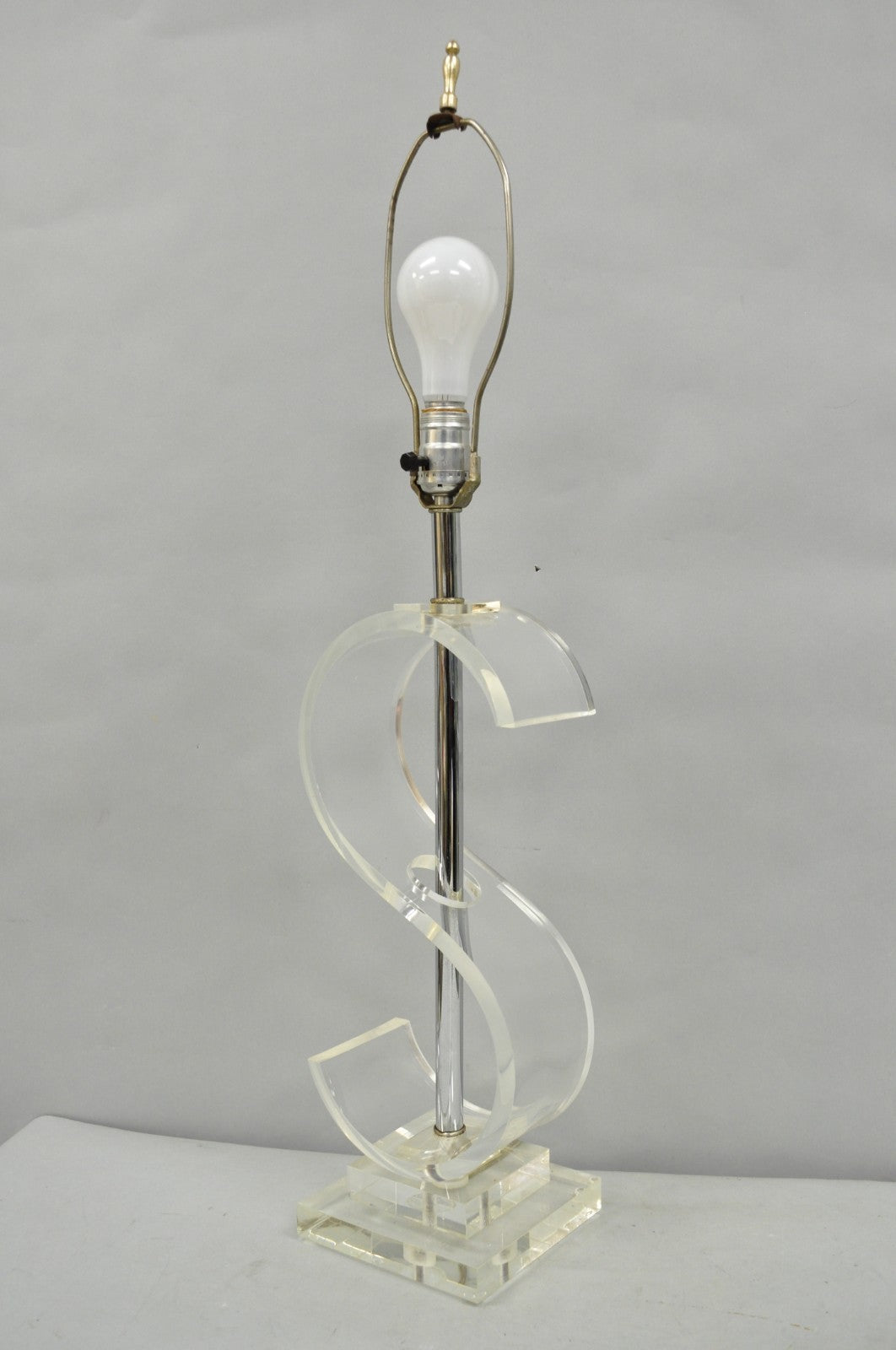 Vintage Mid Century Modern Clear Lucite "S" or "$" Sculptural Table Lamp