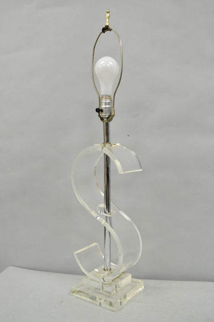Vintage Mid Century Modern Clear Lucite "S" or "$" Sculptural Table Lamp
