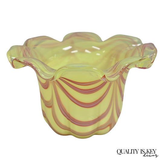 Vintage Murano Italy Hand Blown Glass Yellow Swirl Handkerchief Vase Bowl