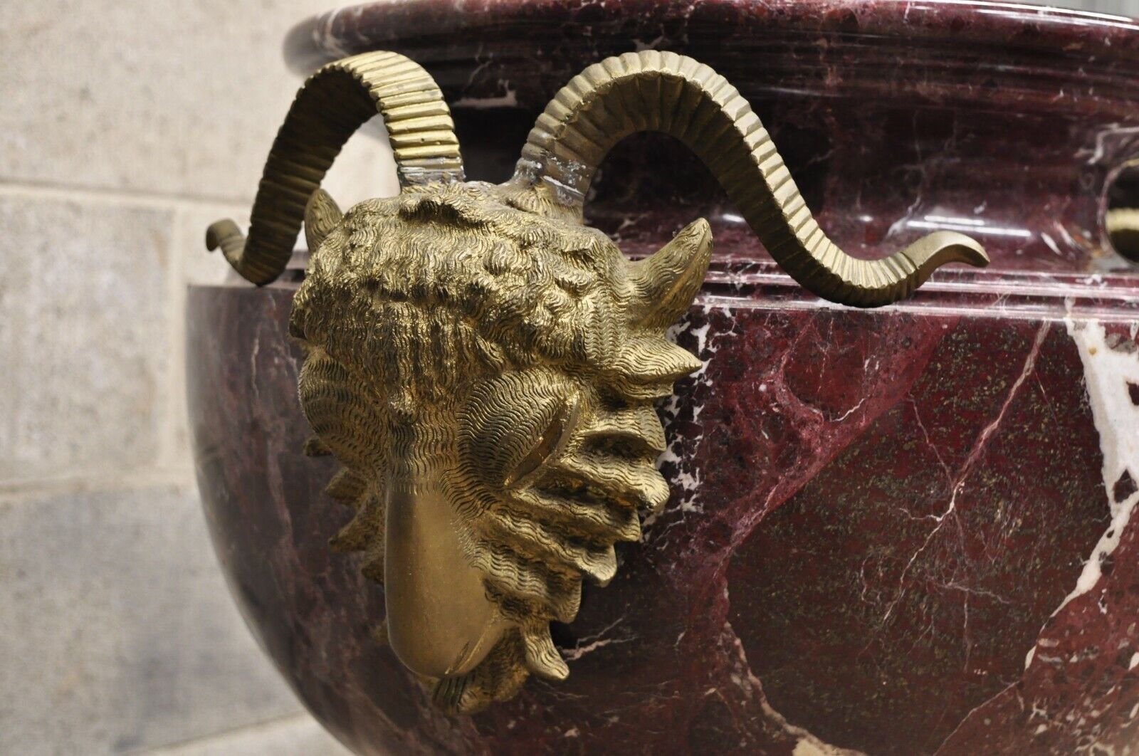 Large French Neoclassical Rouge Marble Bronze Rams Head Urn Planters - a Pair