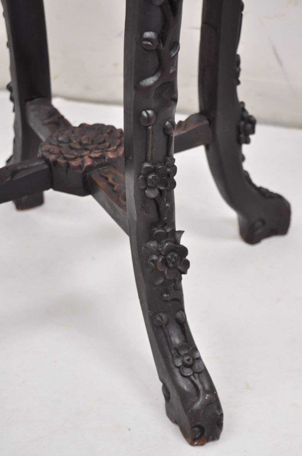 Antique Chinese Carved Hardwood Marble Top Oriental Plant Stand Side Table