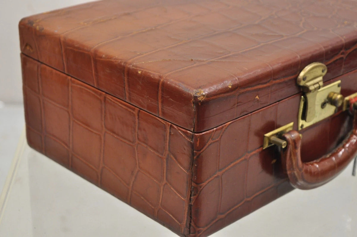 Vintage Brown Leather Art Deco Faux Crocodile Small Toiletry Travel Vanity Case
