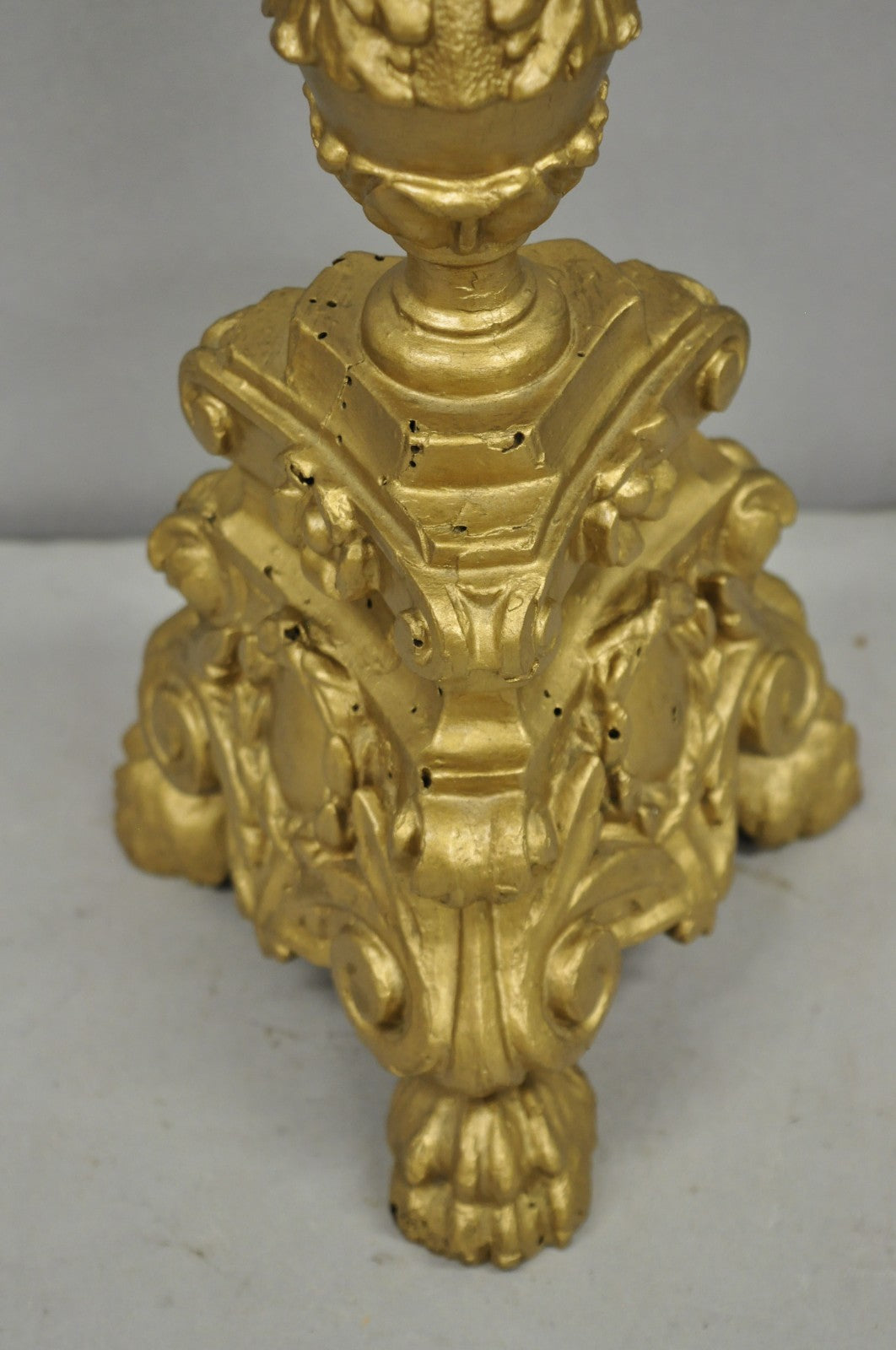 Antique 19th C Italian Neoclassical Carved Gold Giltwood Pricket Candlestick