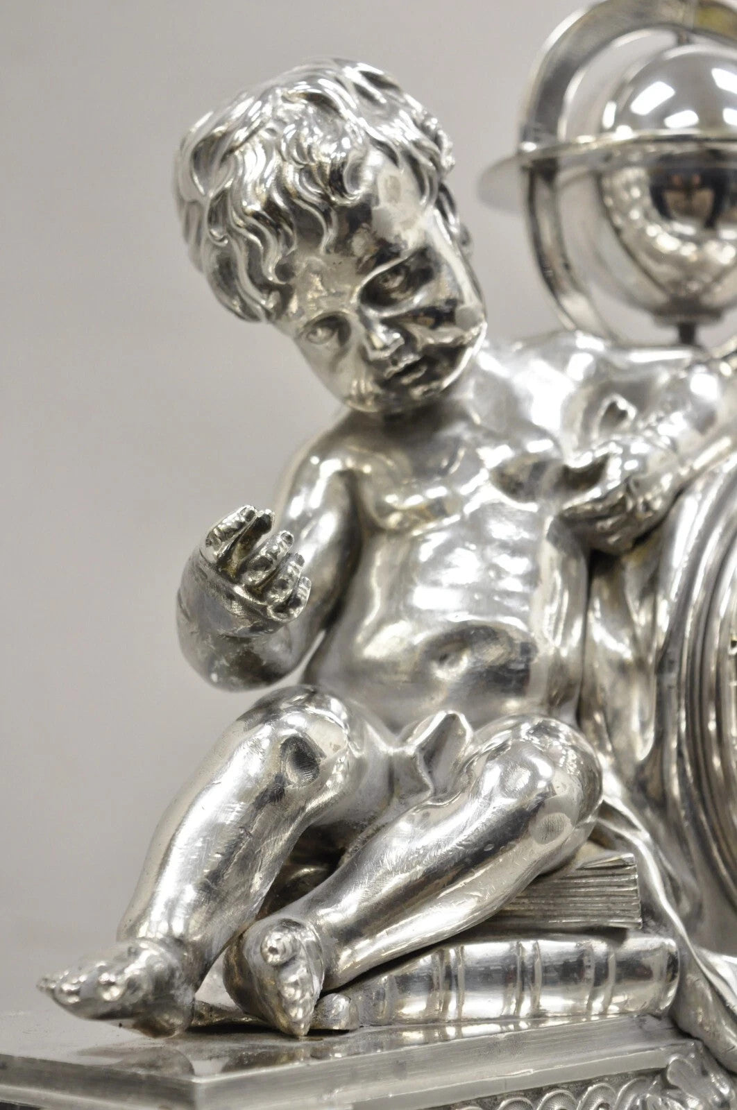 French Louis XV M Franjus Raison & Boyer Silver Plated Bronze Putto Mantel Clock