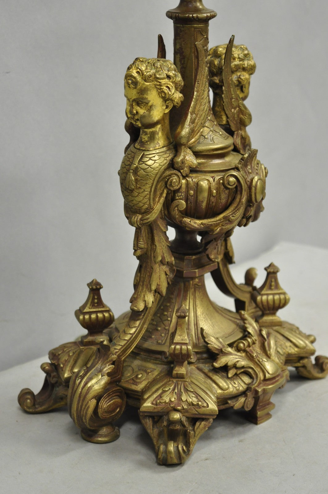Antique French Louis XV Style Bronze Figural Winged Cherub Gold Table Lamp