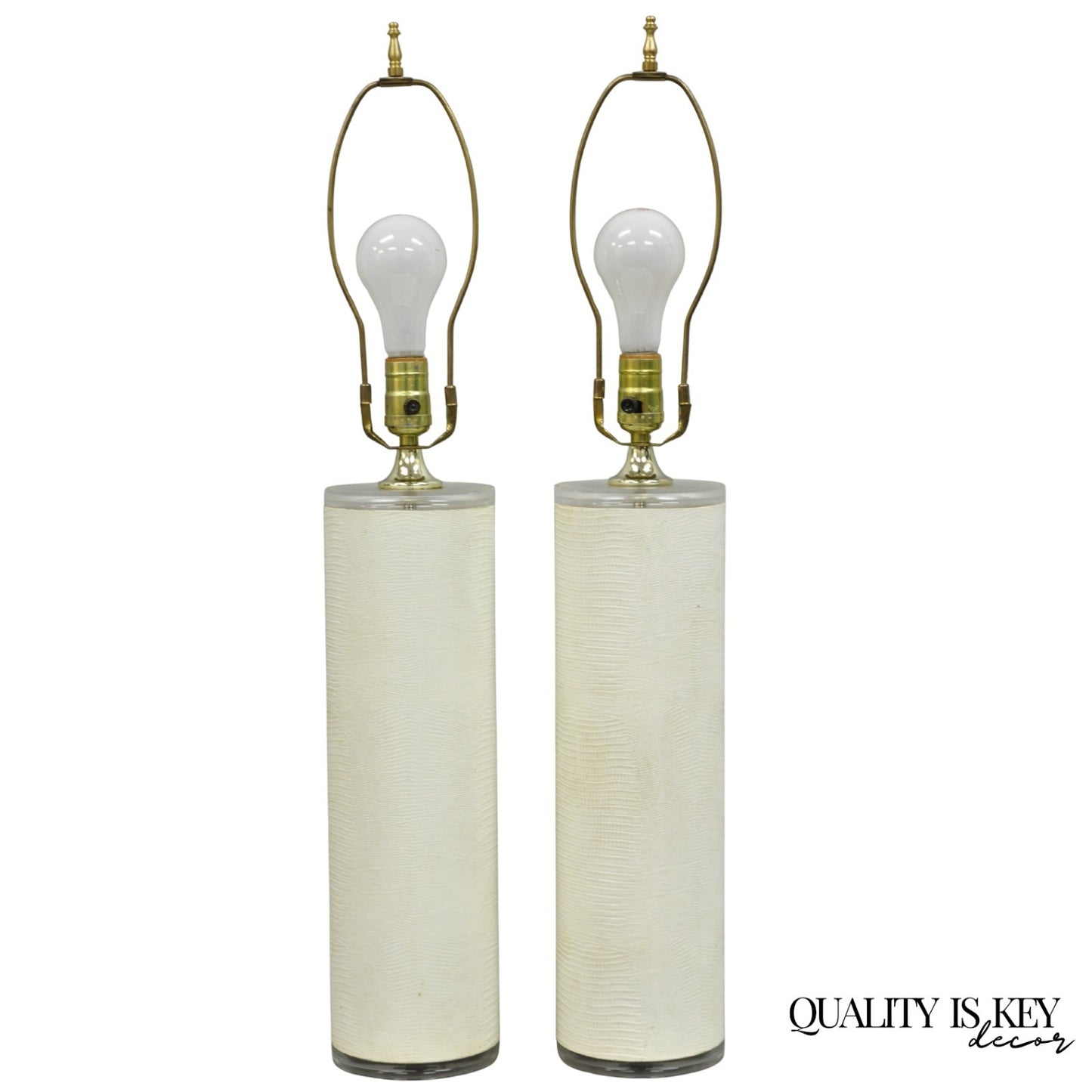 Vintage Hollywood Regency White Faux Alligator Embossed Cylinder Table Lamp Pair