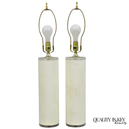 Vintage Hollywood Regency White Faux Alligator Embossed Cylinder Table Lamp Pair