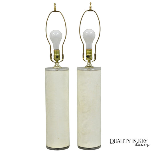 Vintage Hollywood Regency White Faux Alligator Embossed Cylinder Table Lamp Pair