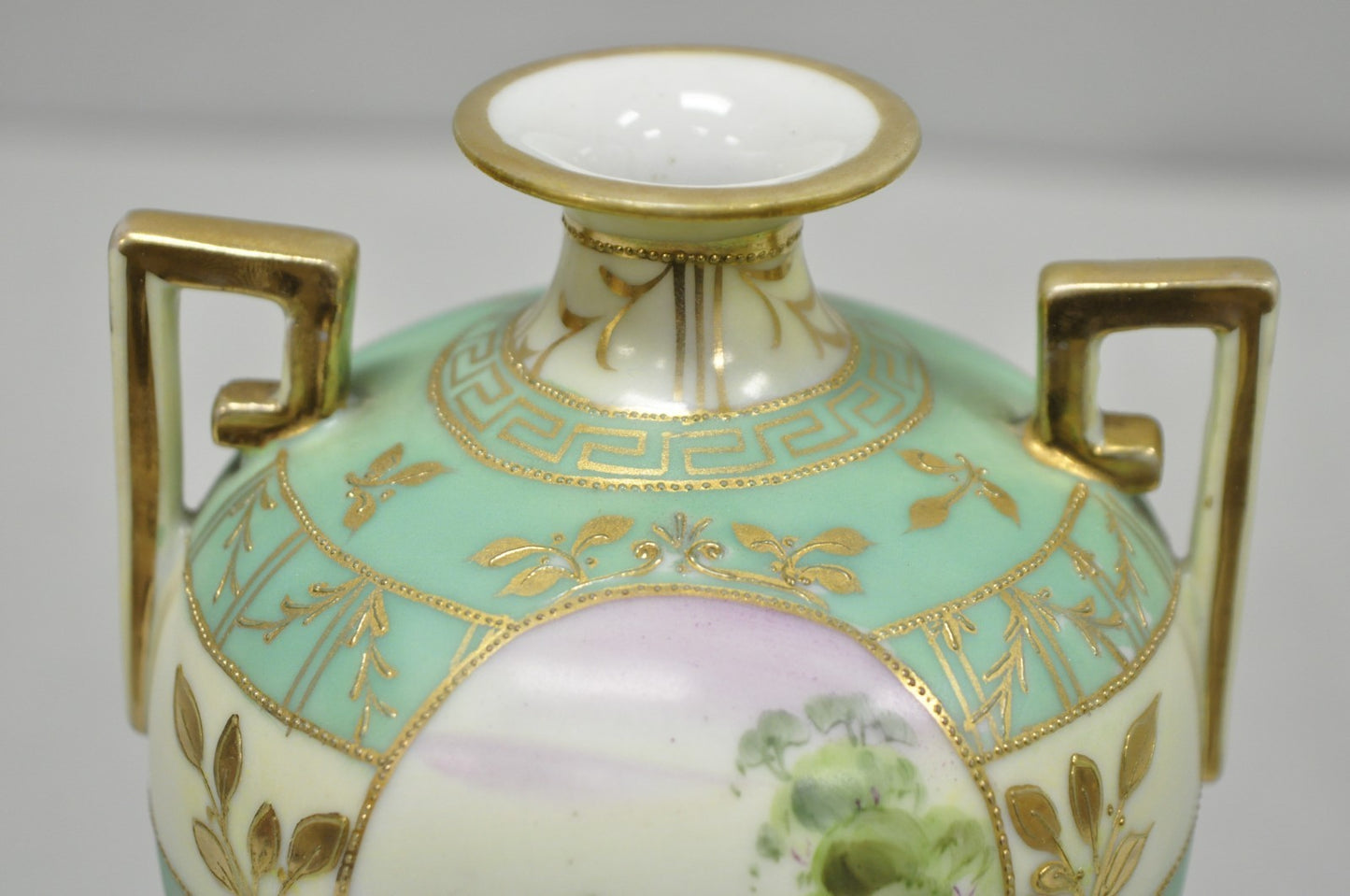 Antique Nippon Porcelain Hand Painted Windmill Scene Green Small Bolted Vase (B)