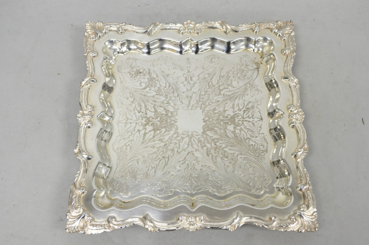Vintage English Silver Mfg. Silver Plated Ornate Square Bar Serving Platter Tray