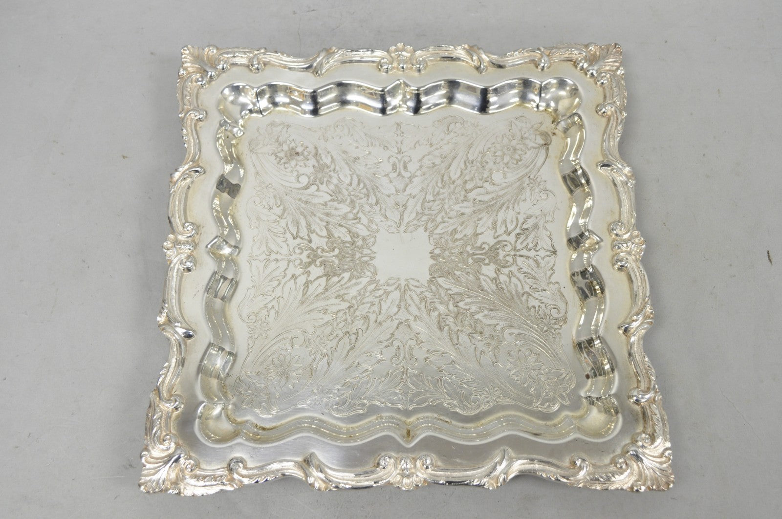 Vintage English Silver Mfg. Silver Plated Ornate Square Bar Serving Platter Tray