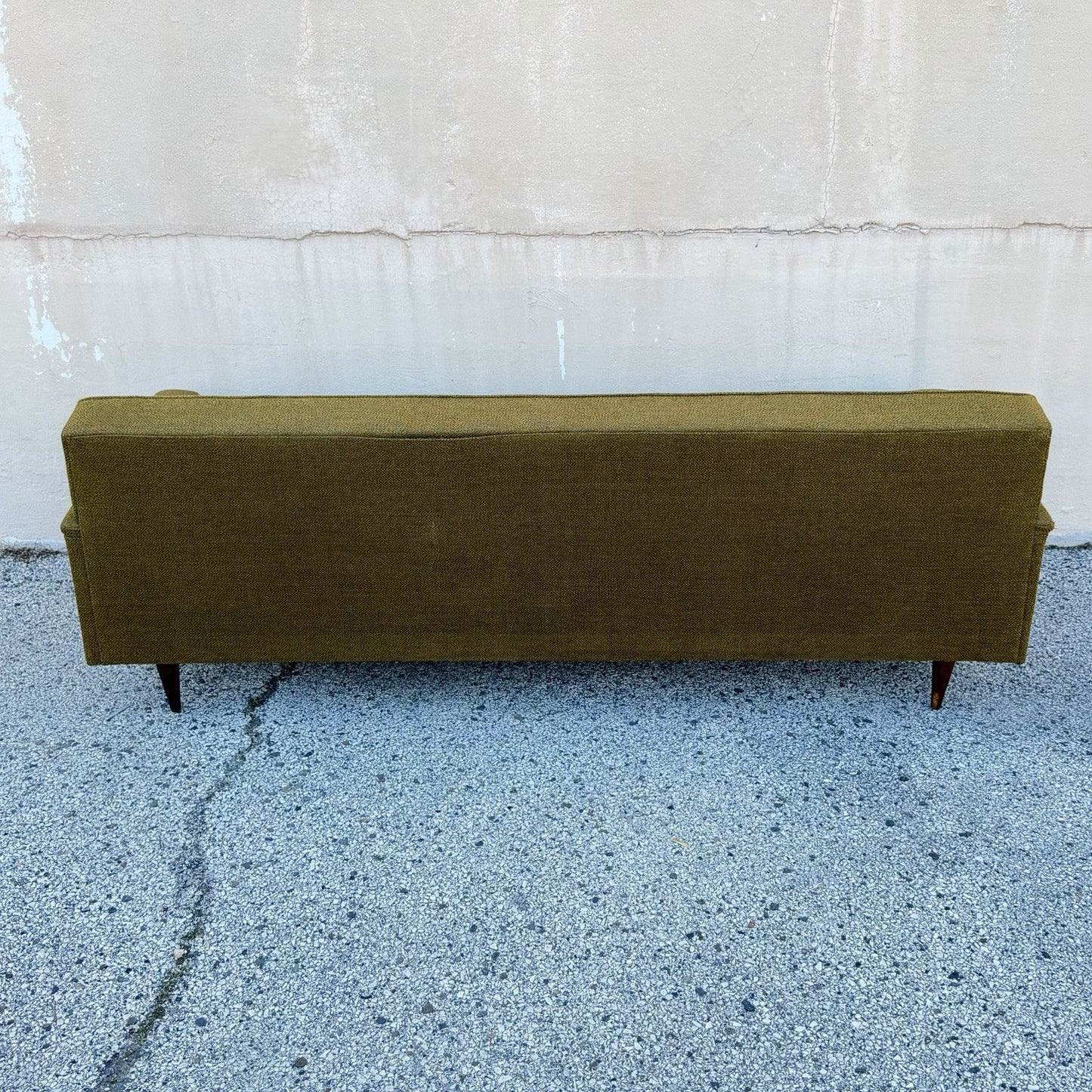 Vintage Mid Century Modern Greenish Brown Tufted 82" Sofa Couch w/ Walnut Legs