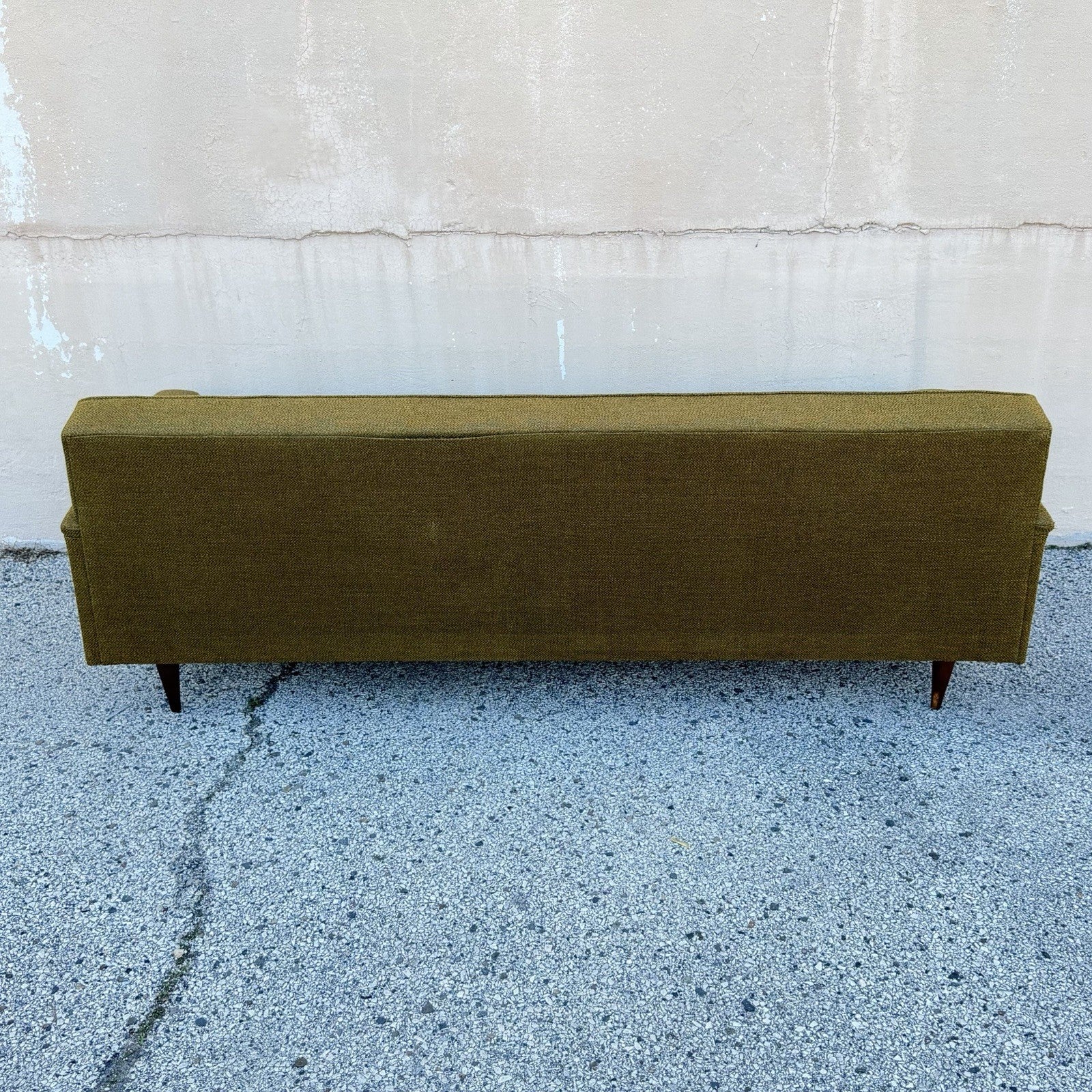 Vintage Mid Century Modern Greenish Brown Tufted 82" Sofa Couch w/ Walnut Legs