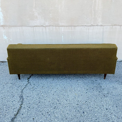 Vintage Mid Century Modern Greenish Brown Tufted 82" Sofa Couch w/ Walnut Legs