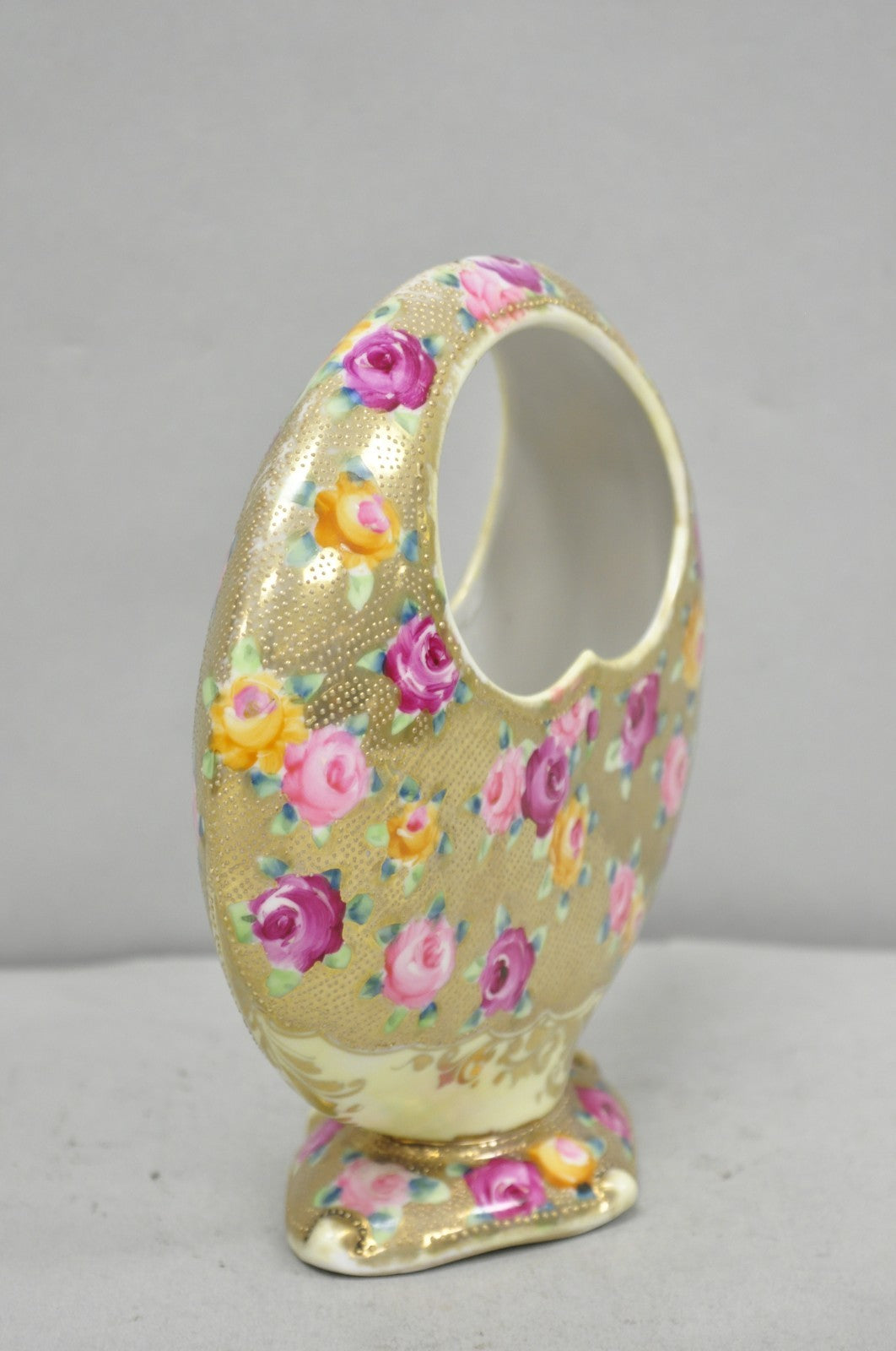 Antique Japanese Nippon Hand Painted Porcelain Gold Gilt Handle Moon Basket Vase