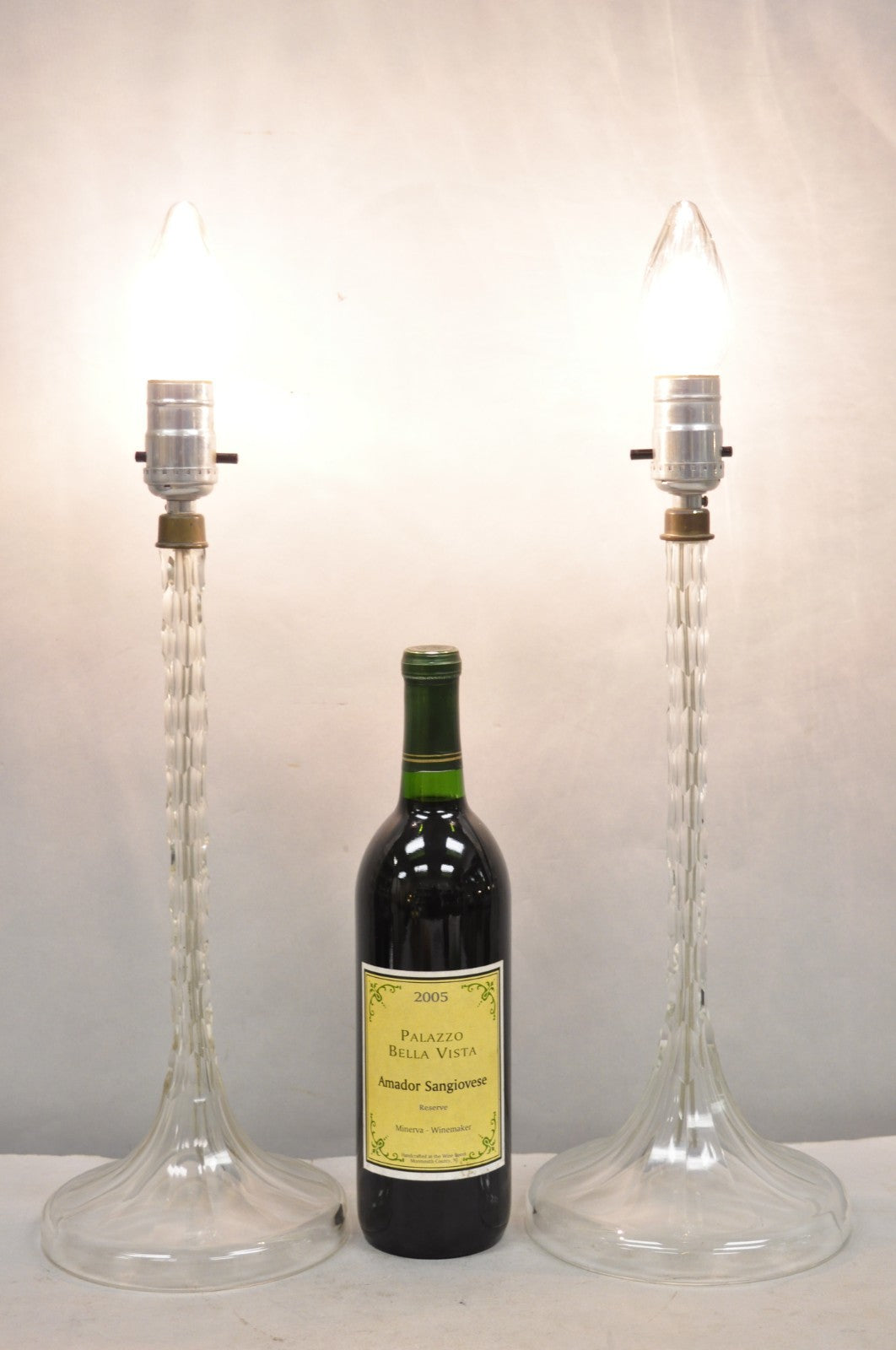 Antique Art Deco Diamond Cut Glass Column Small Petite Boudoir Table Lamps Pair