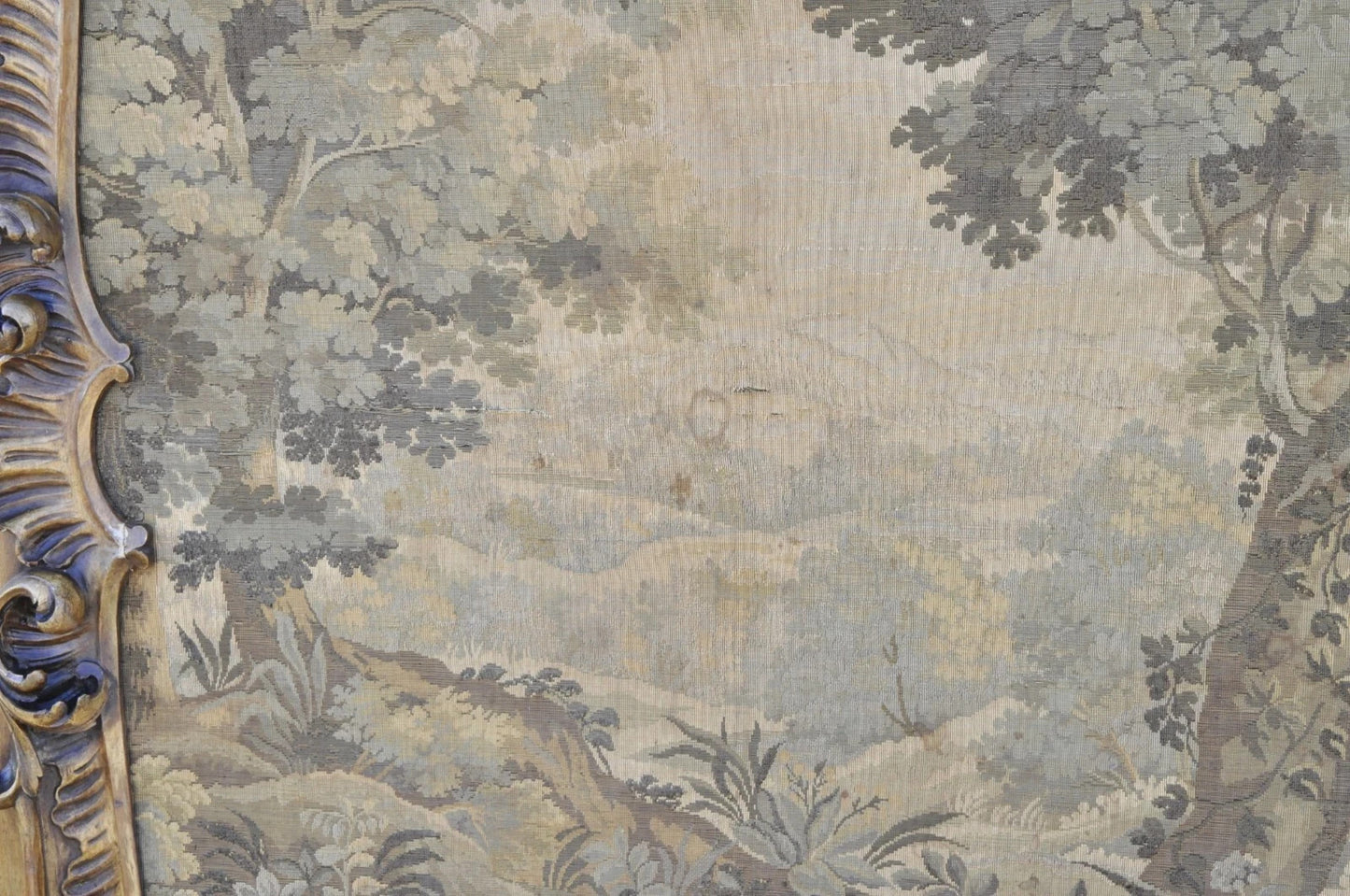 Antique French Tapestry Louis XV Rococo Carved Wood Overmantle Trumeau Mirror