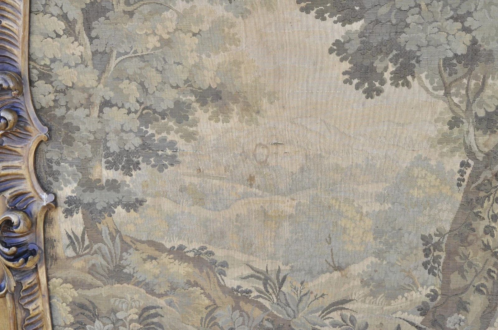 Antique French Tapestry Louis XV Rococo Carved Wood Overmantle Trumeau Mirror