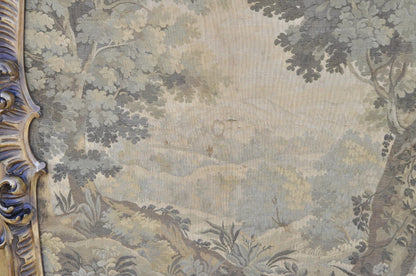 Antique French Tapestry Louis XV Rococo Carved Wood Overmantle Trumeau Mirror