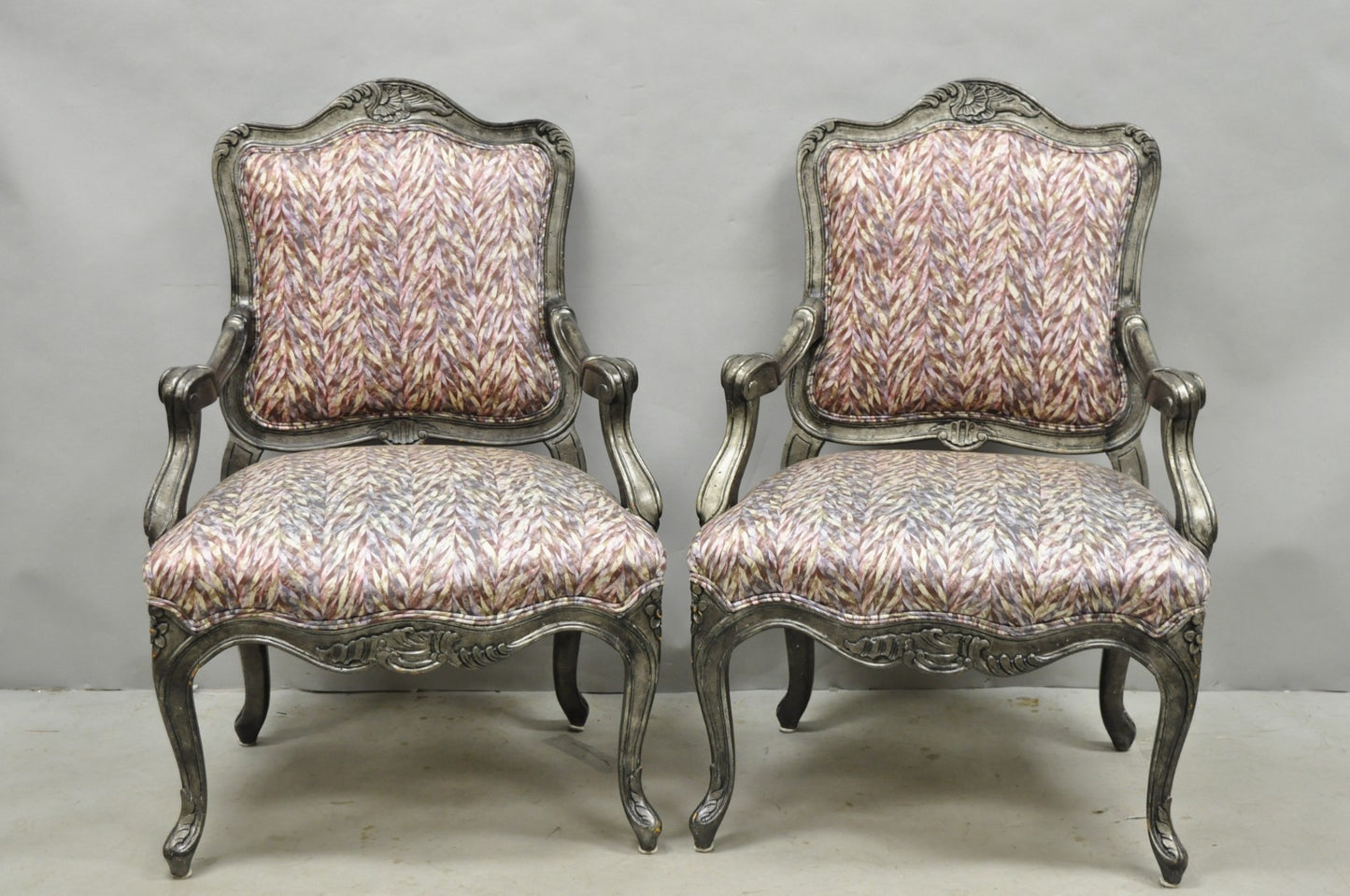 Vintage Italian Baroque Rococo Style Silver Leaf Gilt Lounge Arm Chairs - a Pair
