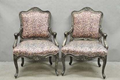 Vintage Italian Baroque Rococo Style Silver Leaf Gilt Lounge Arm Chairs - a Pair