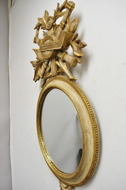 Antique Italian Regency Carved Wood Round Cream & Gold Wall Mirror by M Grieve