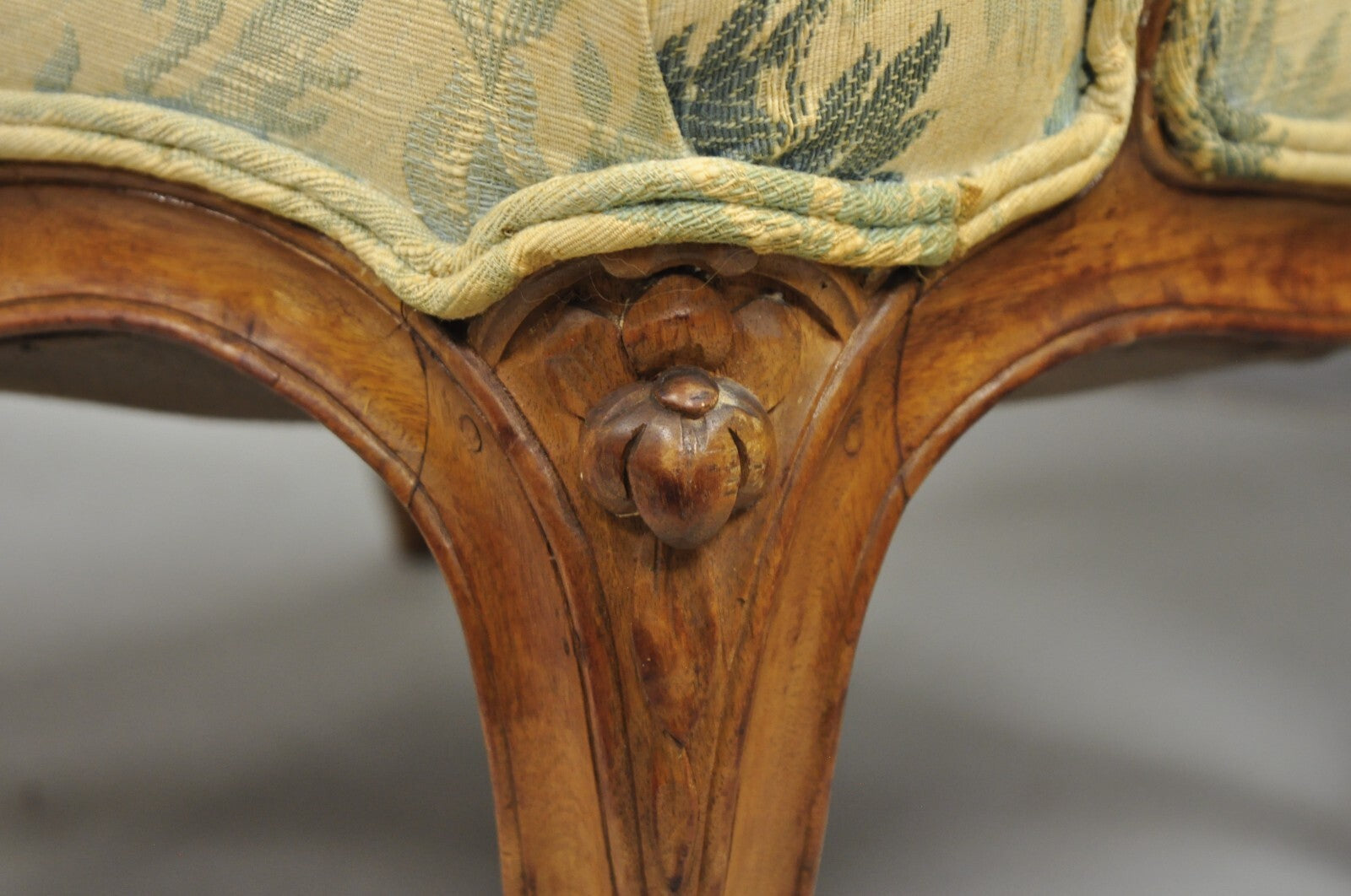 Antique French Country Provincial Carved Walnut Wingback Lounge Chairs Pair