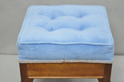 Antique Victorian Walnut Cabriole Leg Blue Tufted Footstool Ottoman Stool