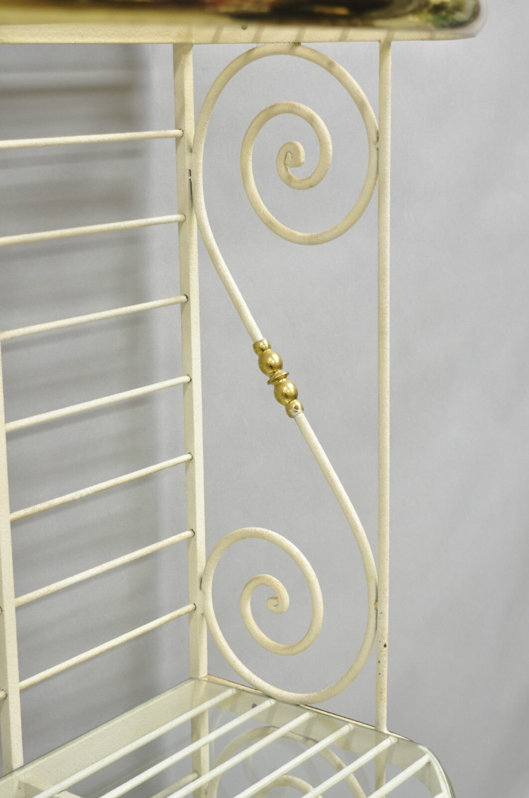 Vintage French Country White Wrought Iron & Brass 3 Tier Pastry Bakers Rack
