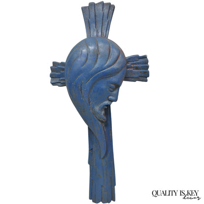 Vintage Religious Jesus Sculpted Resin Blue Mid Century Wall Crucifix Cross