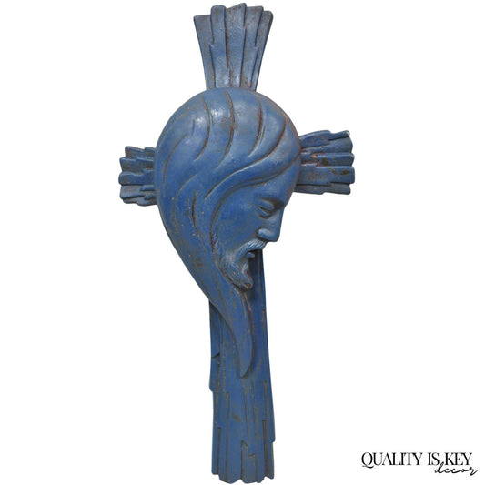 Vintage Religious Jesus Sculpted Resin Blue Mid Century Wall Crucifix Cross