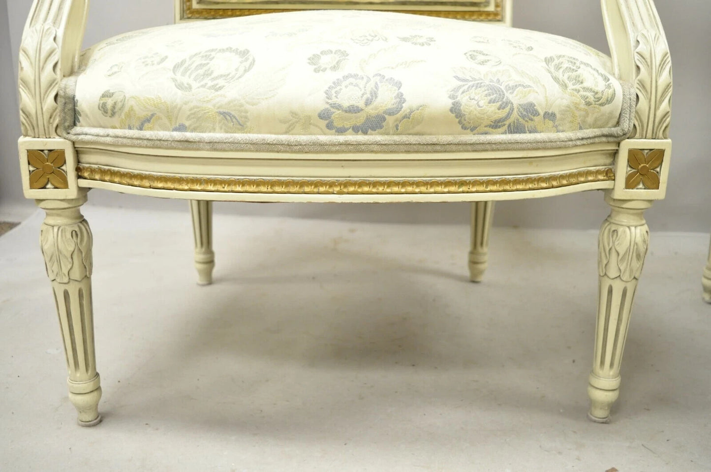 Vintage French Louis XVI Style Cream Painted Gold Gilt Lounge Arm Chairs - Pair