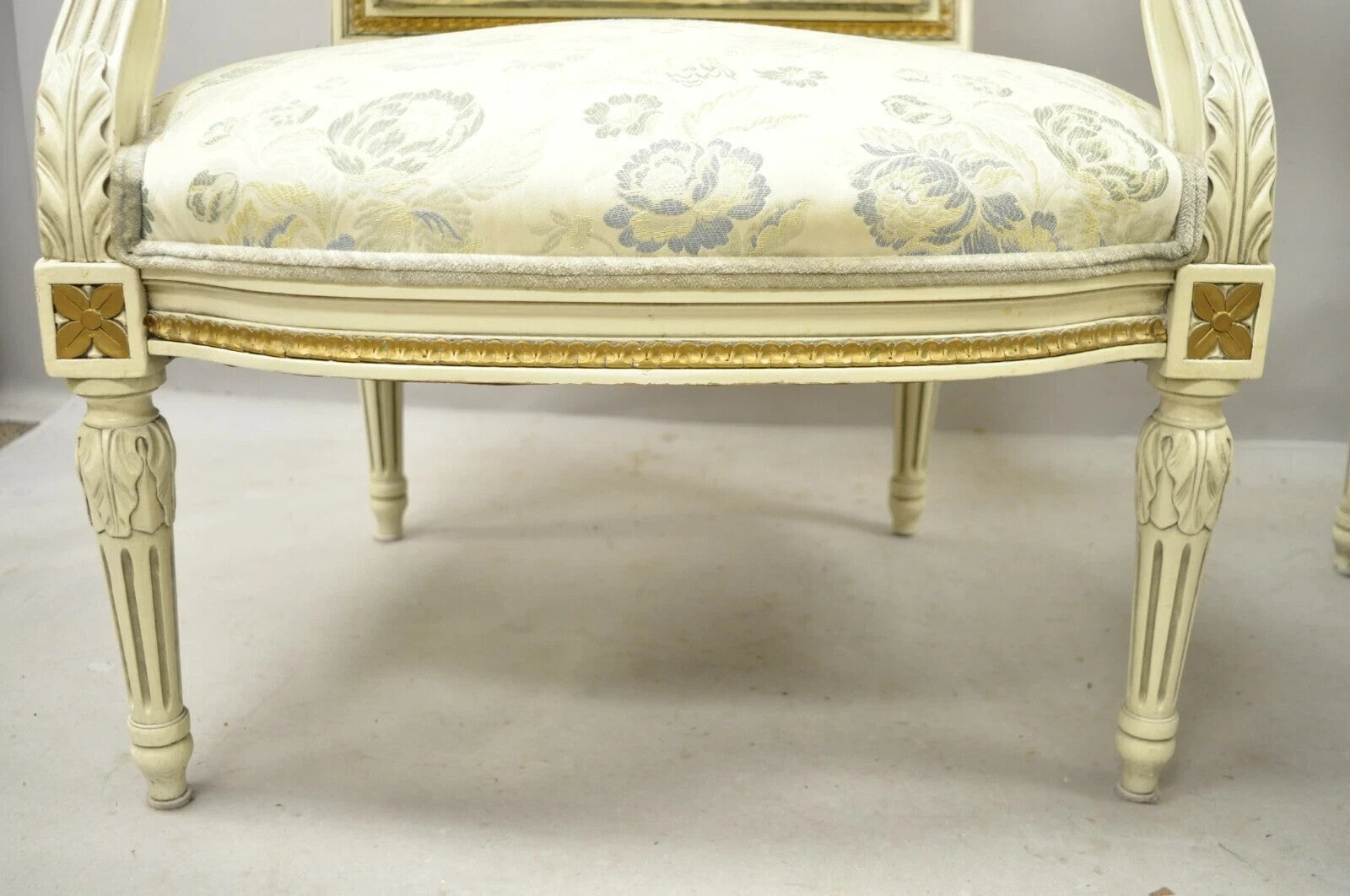 Vintage French Louis XVI Style Cream Painted Gold Gilt Lounge Arm Chairs - Pair