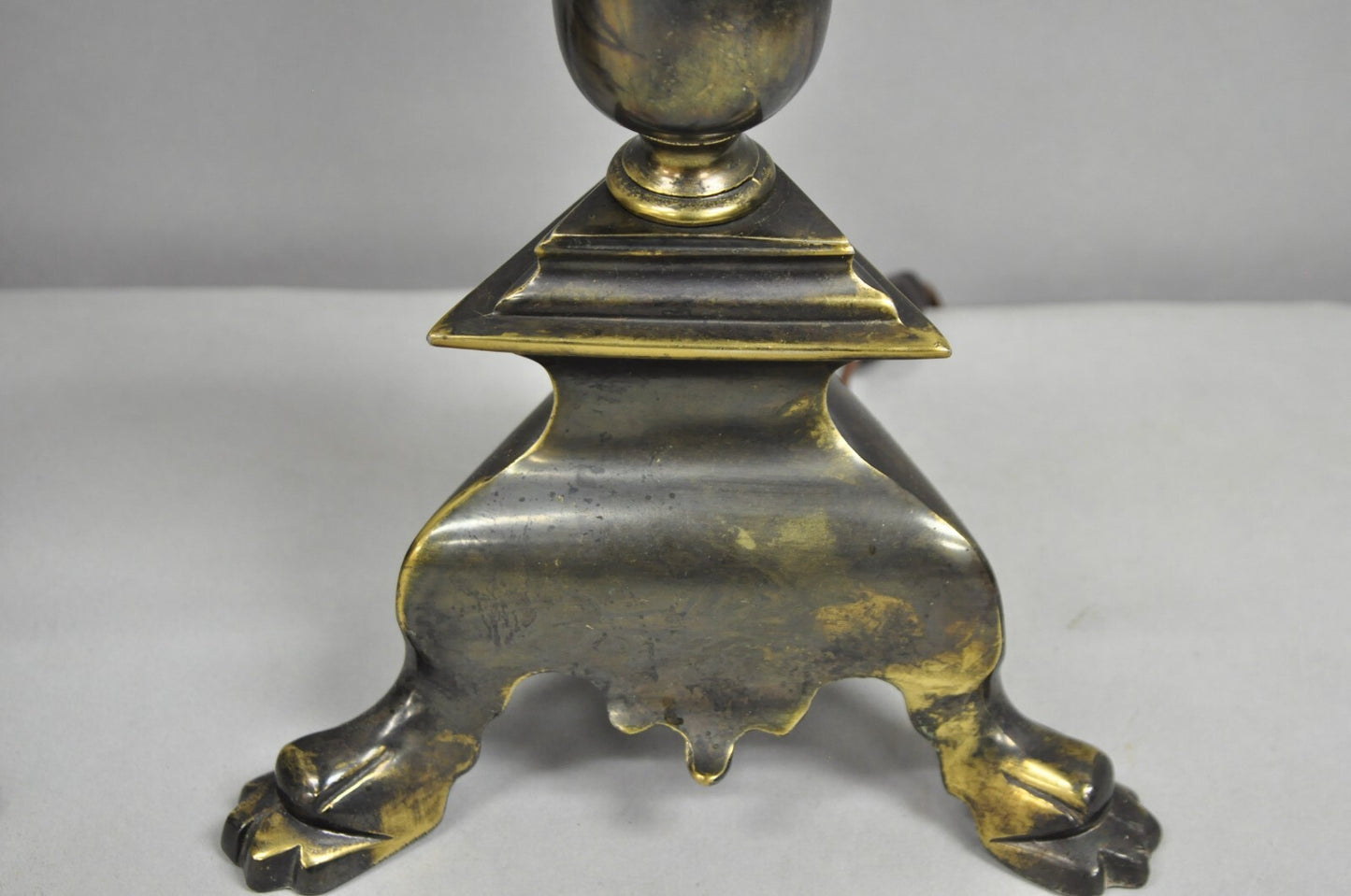 Frederick Cooper French Empire Brass Patina Trumpet Candelabra Table Lamp Pair