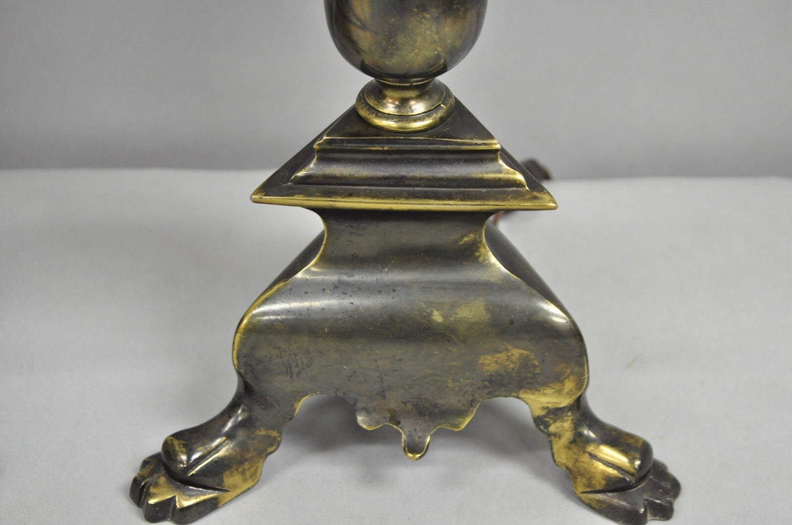 Frederick Cooper French Empire Brass Patina Trumpet Candelabra Table Lamp Pair