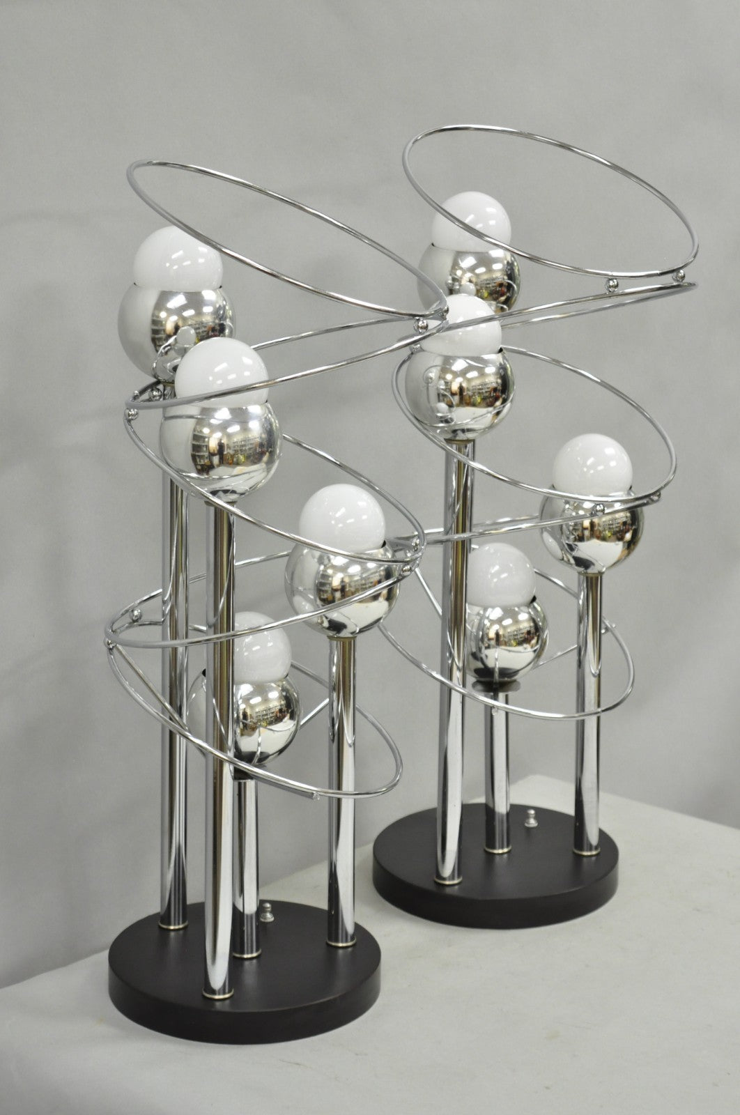 Vintage Mid Century Modern George Kovacs Spiral Chrome Ball Table Lamps - a Pair