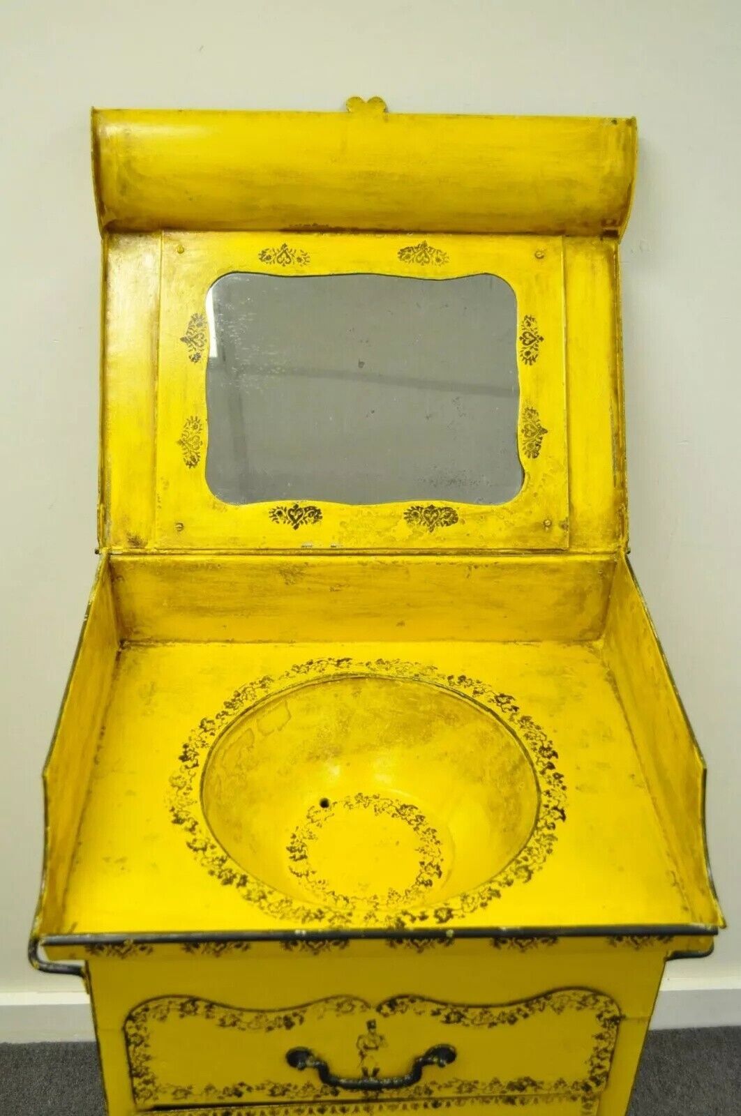 Antique 19th C. Italian Regency Tole Metal Flip Top Yellow Vanity Sink Drysink