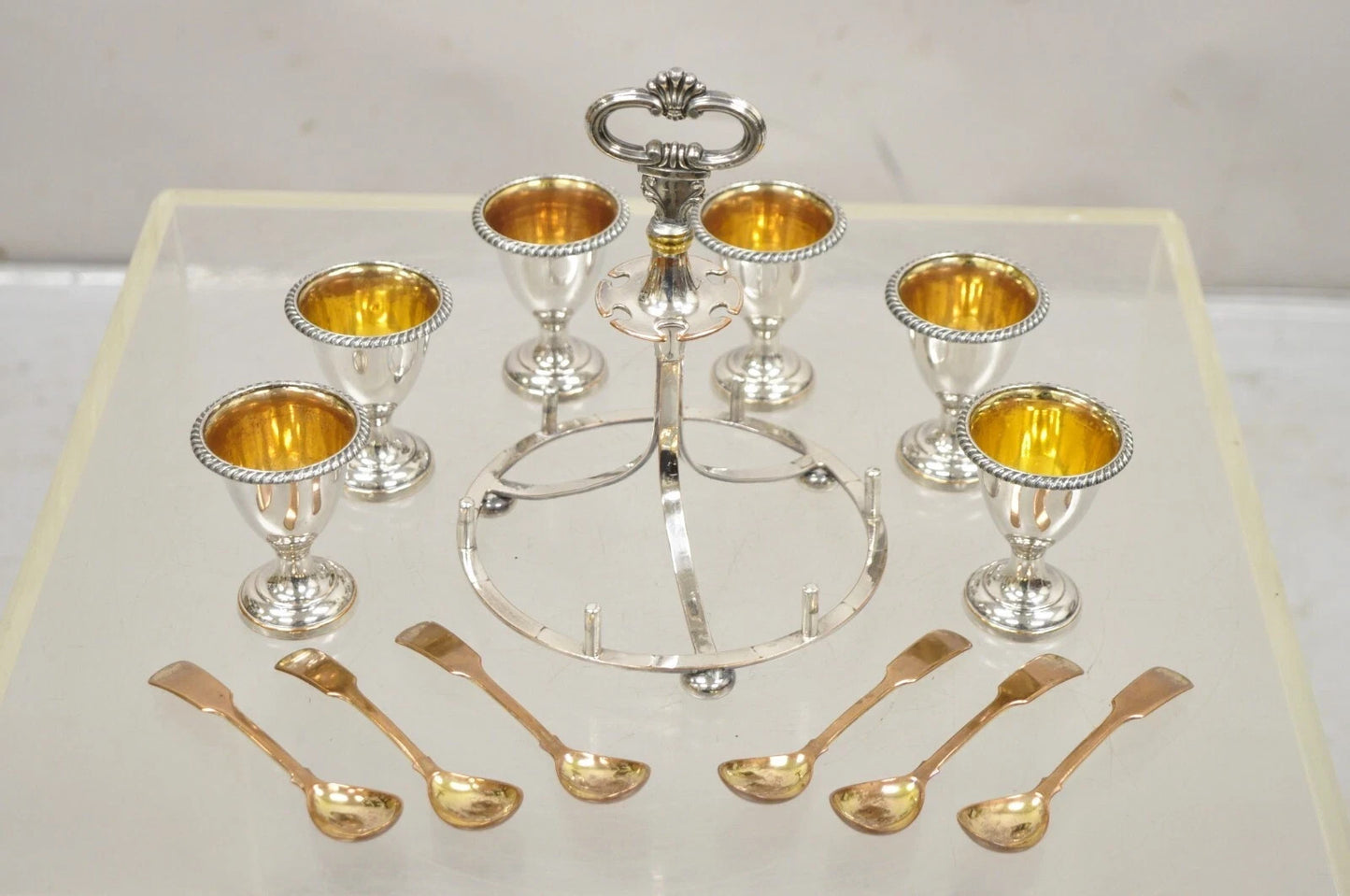 Antique English Victorian Silver Plated Egg Server w/ Spoon Set - Service for 6