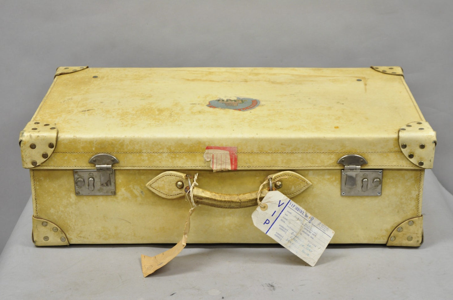 Antique 1930s French Vellum Parchment Large 30" Cream Hard Case Suitcase Luggage