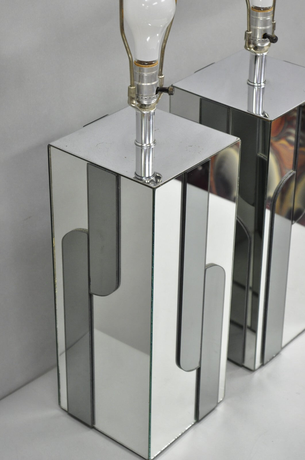 Vintage Mid Century Modern Mirror Skyscraper Cubist Table Lamps - a Pair
