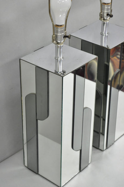 Vintage Mid Century Modern Mirror Skyscraper Cubist Table Lamps - a Pair
