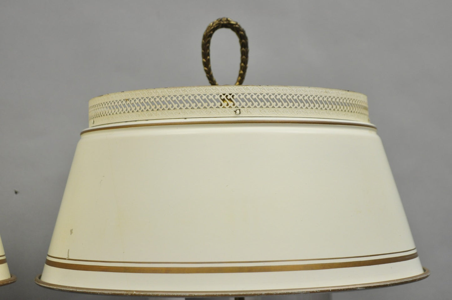 Vintage French Country Tole Metal Shade Brass Column Candelabra Table Lamps Pair