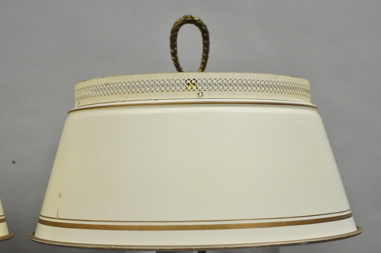 Vintage French Country Tole Metal Shade Brass Column Candelabra Table Lamps Pair