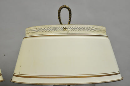 Vintage French Country Tole Metal Shade Brass Column Candelabra Table Lamps Pair
