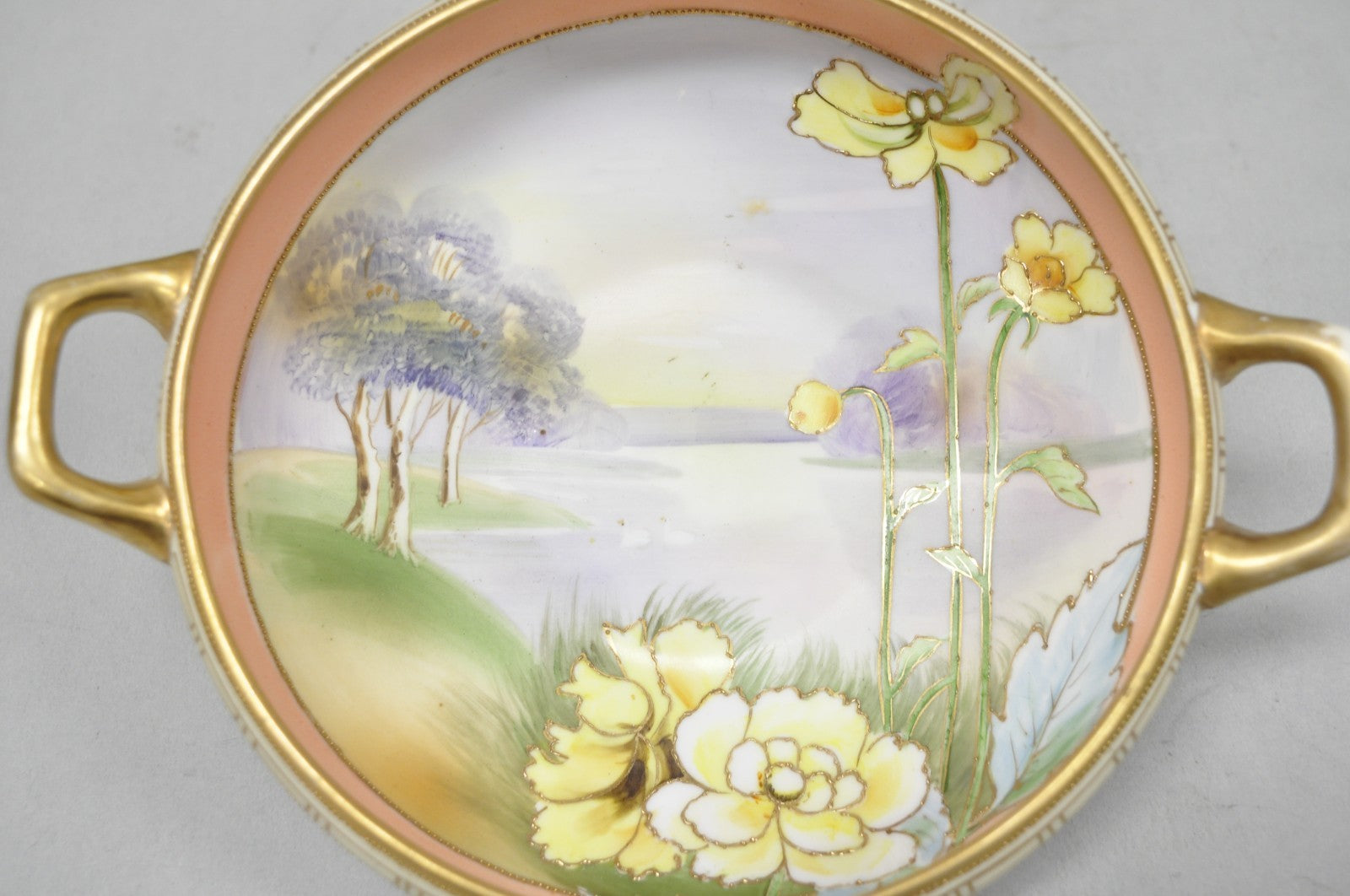 Antique Nippon Morimora Hand Painted Flowers & Ducks Coral Porcelain Bowl (A)