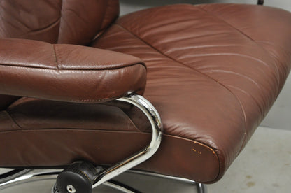 Vintage Ekornes Stressless Brown Leather Reclining Swivel Lounge Chair & Ottoman