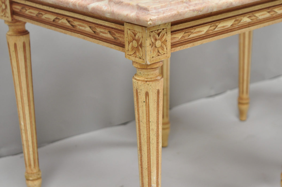 Vintage French Louis XVI Style Pink Marble Top Low Drinks Side Tables - a Pair
