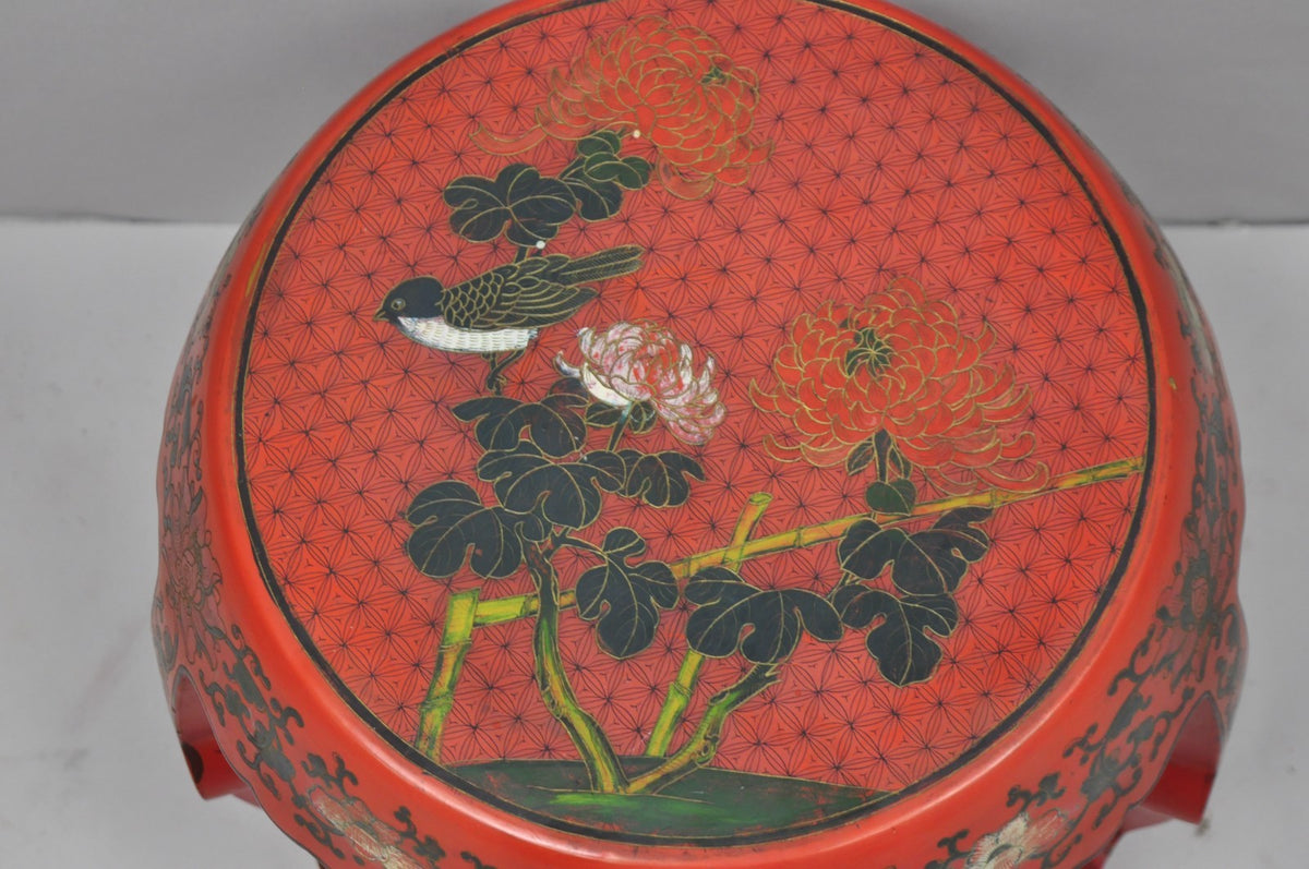 Vintage Chinoiserie Red Lacquer Plant Stand Garden Stool Drum Side Table (B)