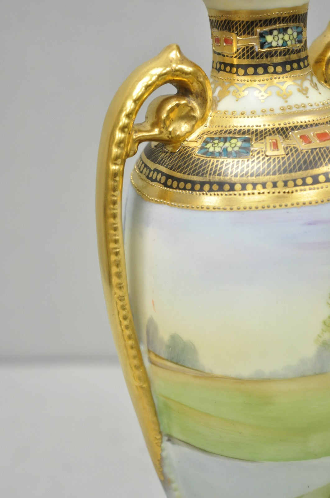 Antique Nippon Hand Painted Twin Handled Gold Gilt Lake & Swan Scene Bolted Vase