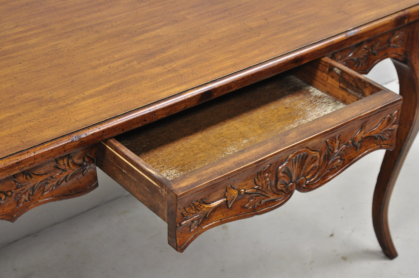 Vintage French Country Pine Wood Distress Floral Carved 1 Drawer Writing Desk